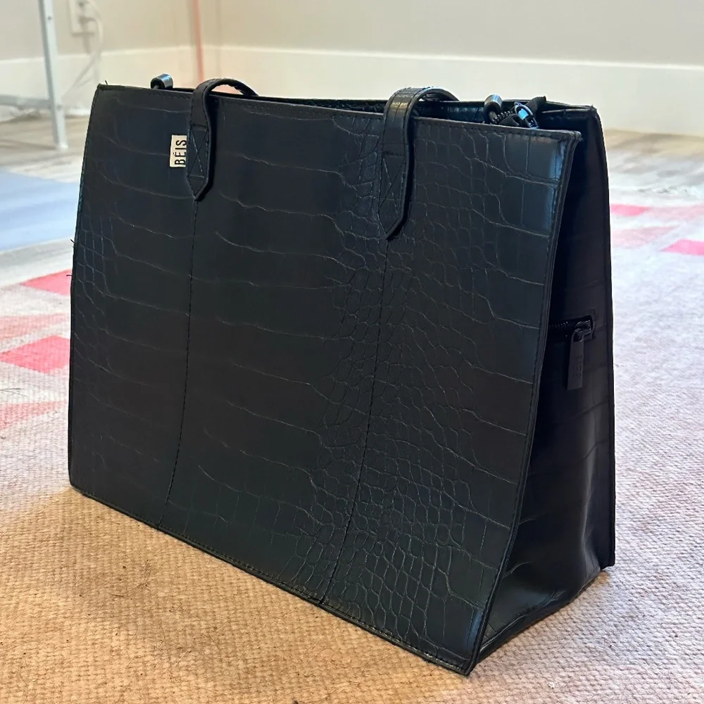 BEIS Black Croc-Embossed Tote Bag
